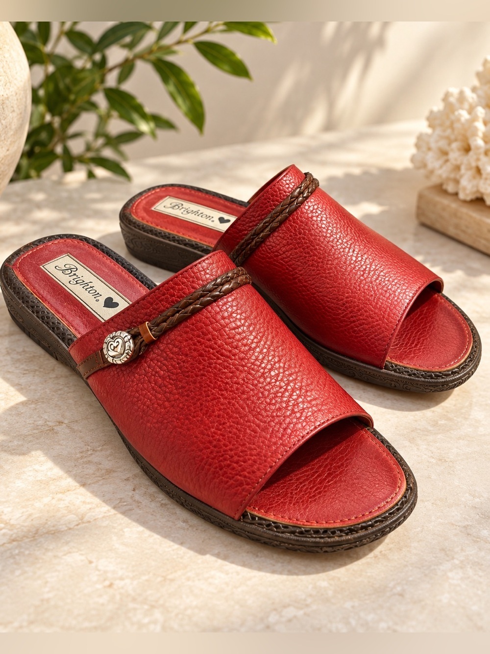 Brighton Size 7 Sandals Red Leather Slip On Open Toe Slide Low Heel Shoes Italy